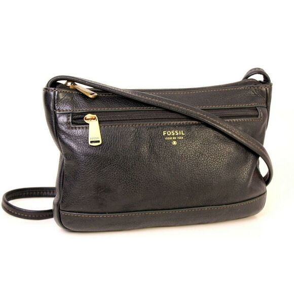 FOSSIL №1954 BLACK GENUINE LEATHER X-BODY MESSENGER SHOULDER BAG HANDBAG PURSE - Picture 3 of 10